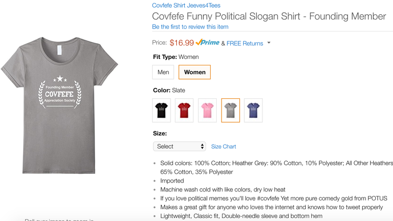 Illustration for article titled Be the Saddest Guy in the Office With Amazon's Embarrassing 'Covfefe' Swag